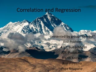 Correlation and Regression
-presented by group “Everest”
Anil Pokhrel
Amit Budachhetri
Ajit Pudasaini
Rikriti Koirala
Roji shrestha
Puja Neupane
 