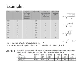 Example:
m = number of pairs of deviations, m = 7
c = No. of positive signs in the product of deviation column, c = 2
Exercise
 