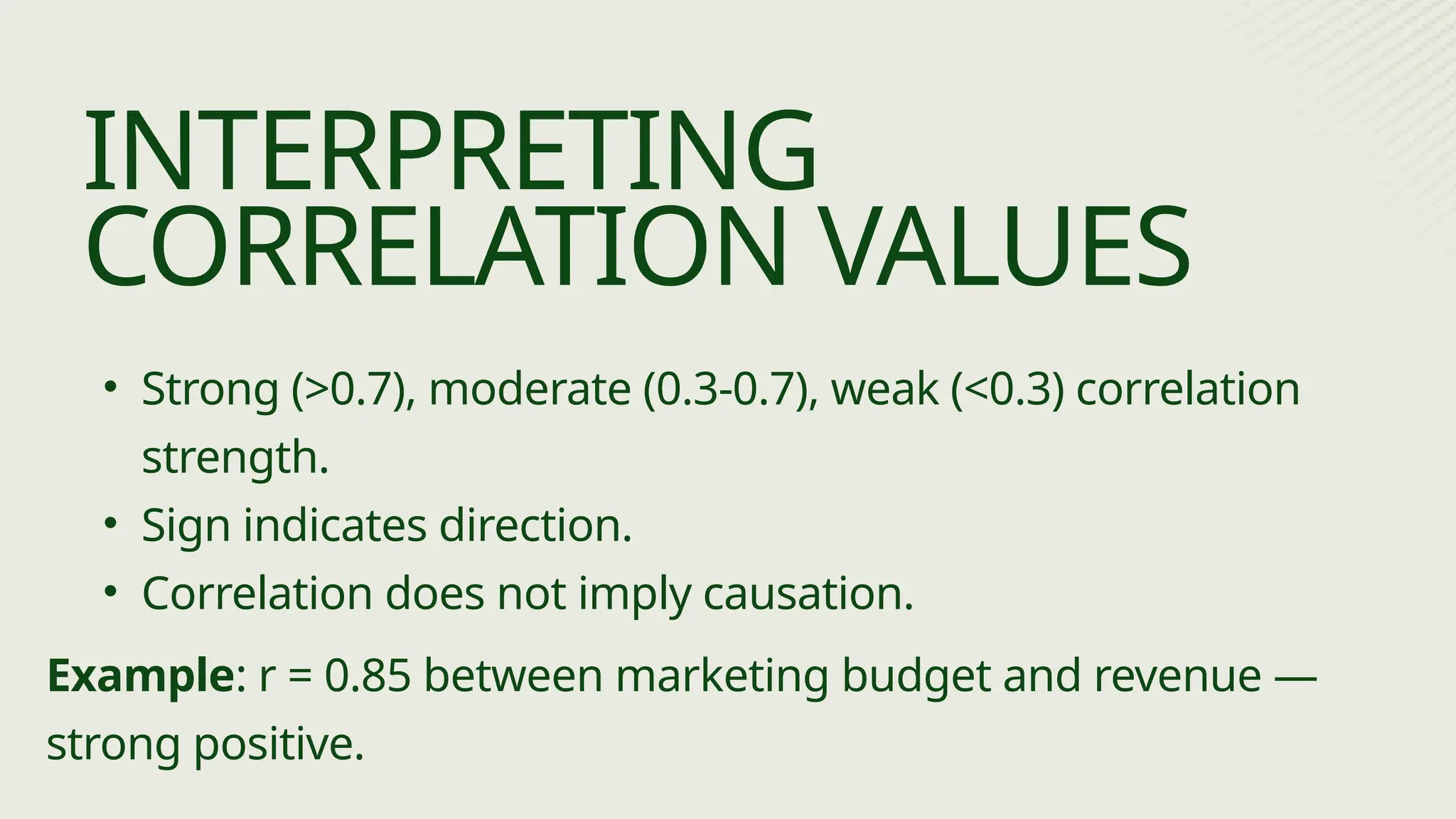 • Strong (>0.7), moderate (0.3-0.7), weak (<0.3) correlation
strength.
• Sign indicates direction.
• Correlation does not imply causation.
INTERPRETING
CORRELATION VALUES
Example: r = 0.85 between marketing budget and revenue —
strong positive.
 