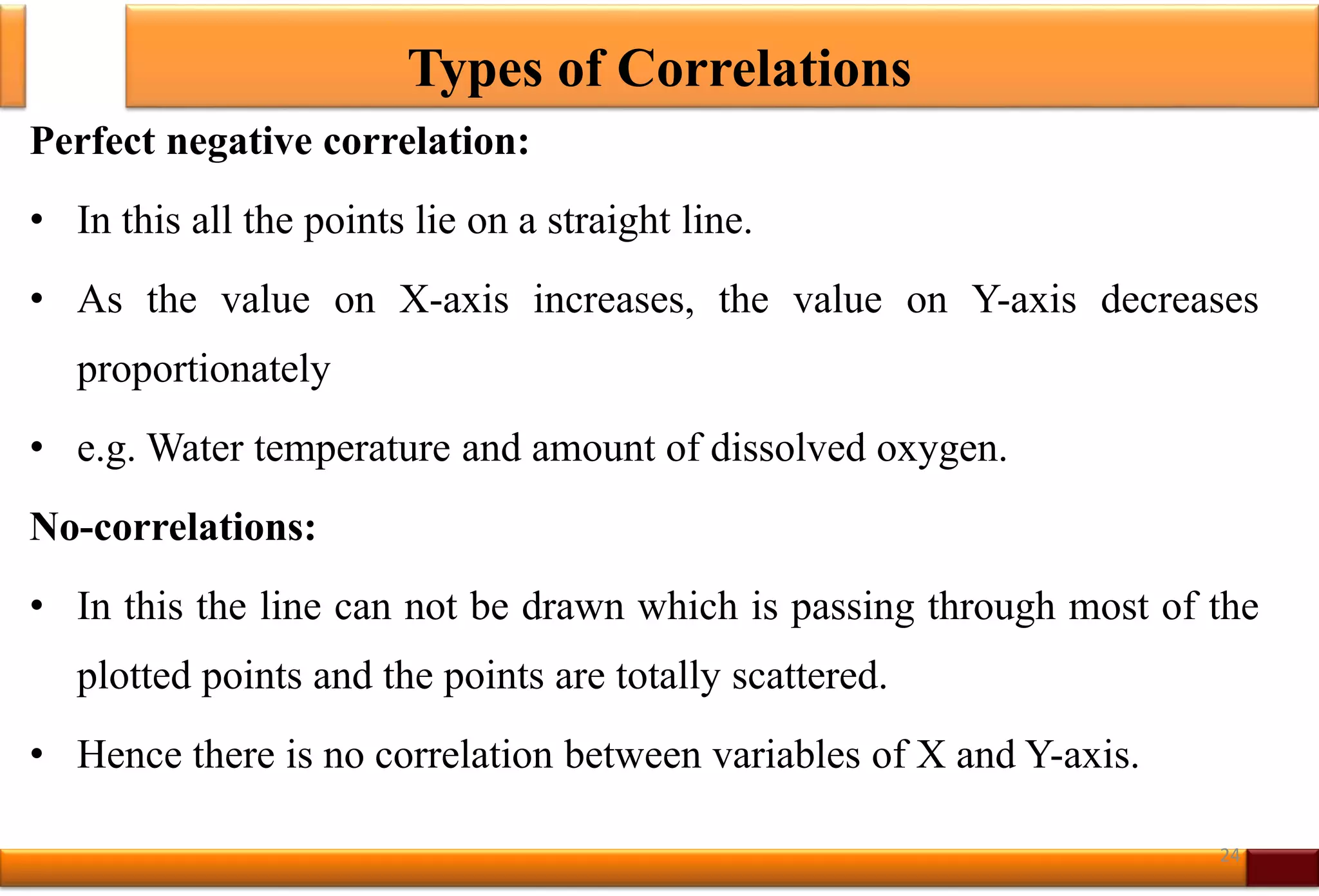 Types of Correlations
Perfect negative correlation:
• In this all the points lie on a straight line.
• As the value on X-axis increases, the value on Y-axis decreases
proportionately
• e.g. Water temperature and amount of dissolved oxygen.
No-correlations:
• In this the line can not be drawn which is passing through most of the
plotted points and the points are totally scattered.
• Hence there is no correlation between variables of X and Y-axis.
24
 