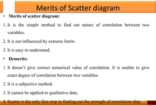 Merits of Scatter diagram
• Merits of scatter diagram:
1. It is the simple method to find out nature of correlation between two
variables.
2. It is not influenced by extreme limits
3. It is easy to understand.
• Demerits:
1. It doesn’t give correct numerical value of correlation. It is unable to give
exact degree of correlation between two variables.
2. It is a subjective method.
3. It cannot be applied to qualitative data.
4. Scatter is the only first step in finding out the strength of correlation-ship. 13
 