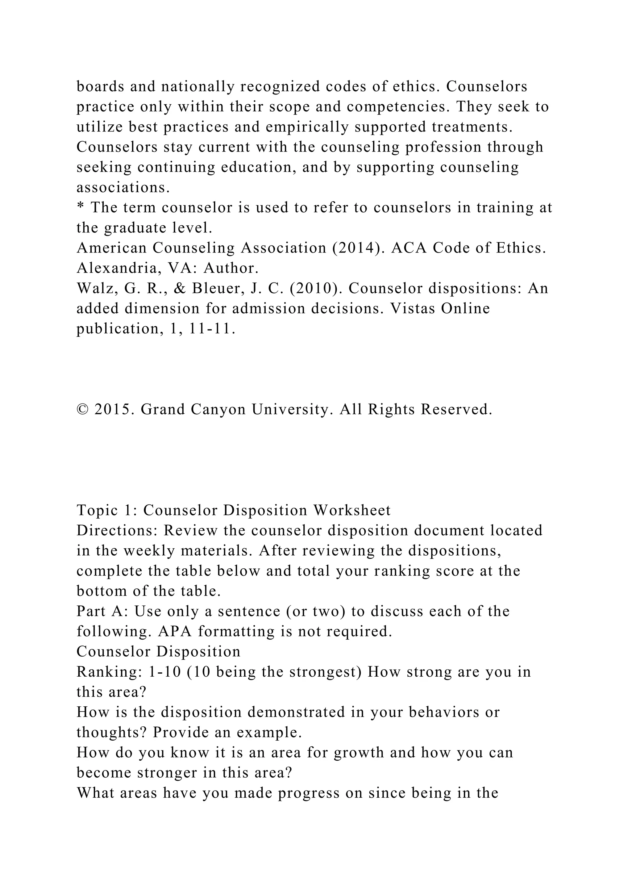 boards and nationally recognized codes of ethics. Counselors
practice only within their scope and competencies. They seek to
utilize best practices and empirically supported treatments.
Counselors stay current with the counseling profession through
seeking continuing education, and by supporting counseling
associations.
* The term counselor is used to refer to counselors in training at
the graduate level.
American Counseling Association (2014). ACA Code of Ethics.
Alexandria, VA: Author.
Walz, G. R., & Bleuer, J. C. (2010). Counselor dispositions: An
added dimension for admission decisions. Vistas Online
publication, 1, 11-11.
© 2015. Grand Canyon University. All Rights Reserved.
Topic 1: Counselor Disposition Worksheet
Directions: Review the counselor disposition document located
in the weekly materials. After reviewing the dispositions,
complete the table below and total your ranking score at the
bottom of the table.
Part A: Use only a sentence (or two) to discuss each of the
following. APA formatting is not required.
Counselor Disposition
Ranking: 1-10 (10 being the strongest) How strong are you in
this area?
How is the disposition demonstrated in your behaviors or
thoughts? Provide an example.
How do you know it is an area for growth and how you can
become stronger in this area?
What areas have you made progress on since being in the
 