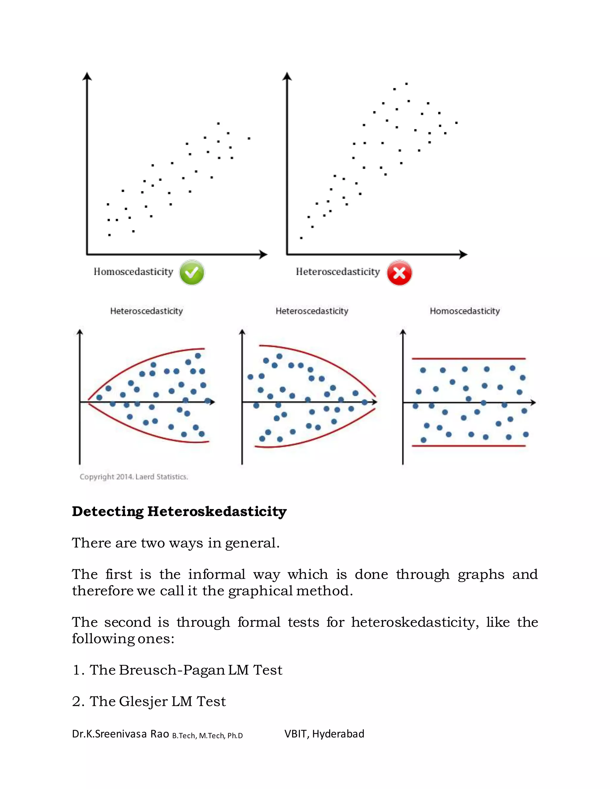 Dr.K.Sreenivasa Rao B.Tech, M.Tech, Ph.D VBIT, Hyderabad
Detecting Heteroskedasticity
There are two ways in general.
The first is the informal way which is done through graphs and
therefore we call it the graphical method.
The second is through formal tests for heteroskedasticity, like the
following ones:
1. The Breusch-Pagan LM Test
2. The Glesjer LM Test
 