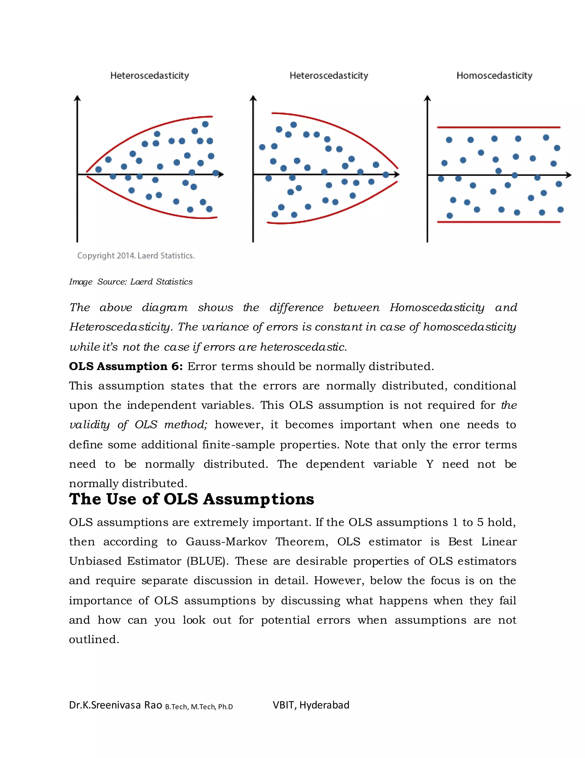 Dr.K.Sreenivasa Rao B.Tech, M.Tech, Ph.D VBIT, Hyderabad
Image Source: Laerd Statistics
The above diagram shows the difference between Homoscedasticity and
Heteroscedasticity. The variance of errors is constant in case of homoscedasticity
while it’s not the case if errors are heteroscedastic.
OLS Assumption 6: Error terms should be normally distributed.
This assumption states that the errors are normally distributed, conditional
upon the independent variables. This OLS assumption is not required for the
validity of OLS method; however, it becomes important when one needs to
define some additional finite-sample properties. Note that only the error terms
need to be normally distributed. The dependent variable Y need not be
normally distributed.
The Use of OLS Assumptions
OLS assumptions are extremely important. If the OLS assumptions 1 to 5 hold,
then according to Gauss-Markov Theorem, OLS estimator is Best Linear
Unbiased Estimator (BLUE). These are desirable properties of OLS estimators
and require separate discussion in detail. However, below the focus is on the
importance of OLS assumptions by discussing what happens when they fail
and how can you look out for potential errors when assumptions are not
outlined.
 