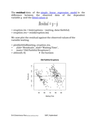 Dr.K.Sreenivasa Rao B.Tech, M.Tech, Ph.D VBIT, Hyderabad
The residual data of the simple linear regression model is the
difference between the observed data of the dependent
variable y and the fitted values ŷ.
> eruption.lm = lm(eruptions ~ waiting, data=faithful)
> eruption.res = resid(eruption.lm)
We now plot the residual against the observed values of the
variable waiting.
> plot(faithful$waiting, eruption.res,
+ ylab="Residuals", xlab="Waiting Time",
+ main="Old Faithful Eruptions")
> abline(0, 0) # the horizon
 