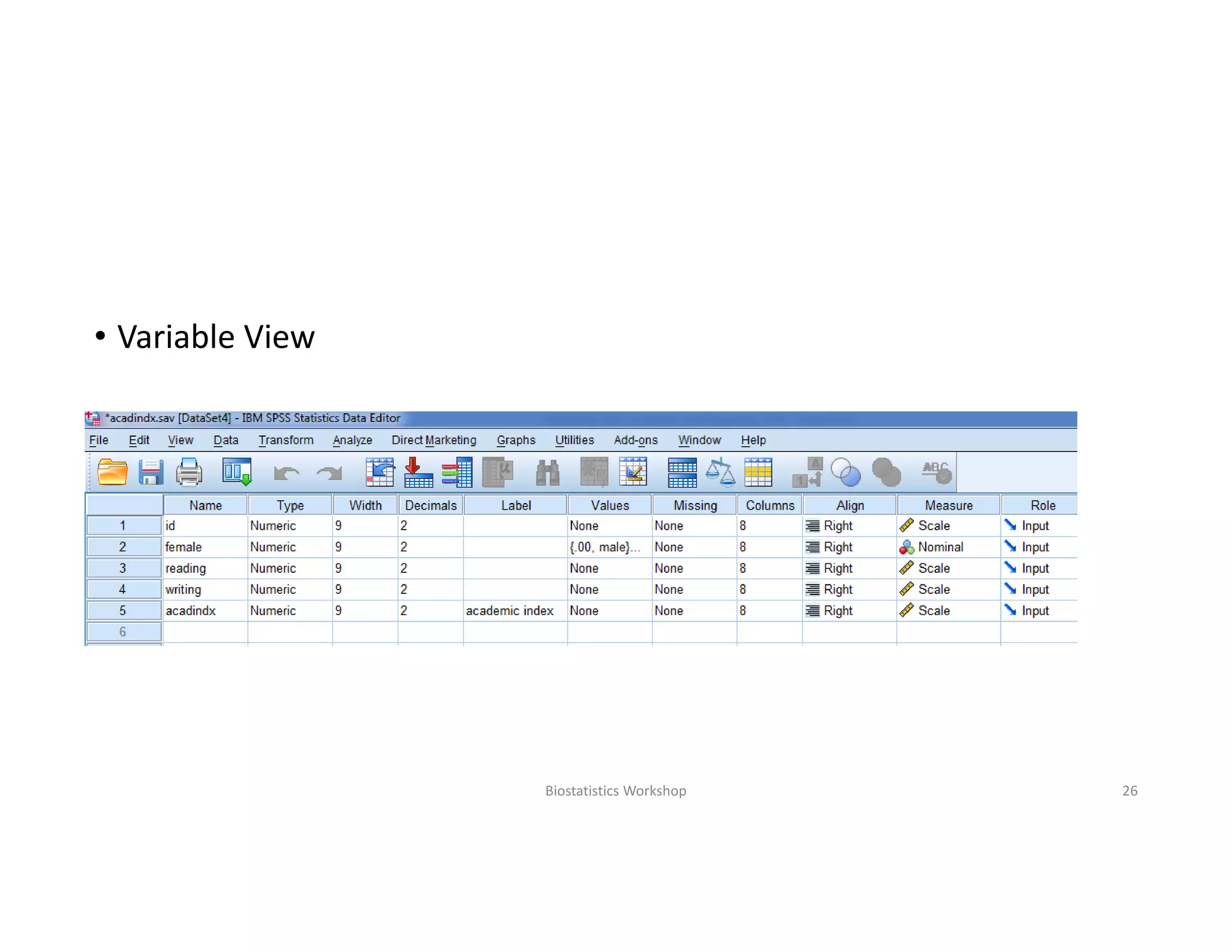 • Variable View
Biostatistics Workshop 26
 