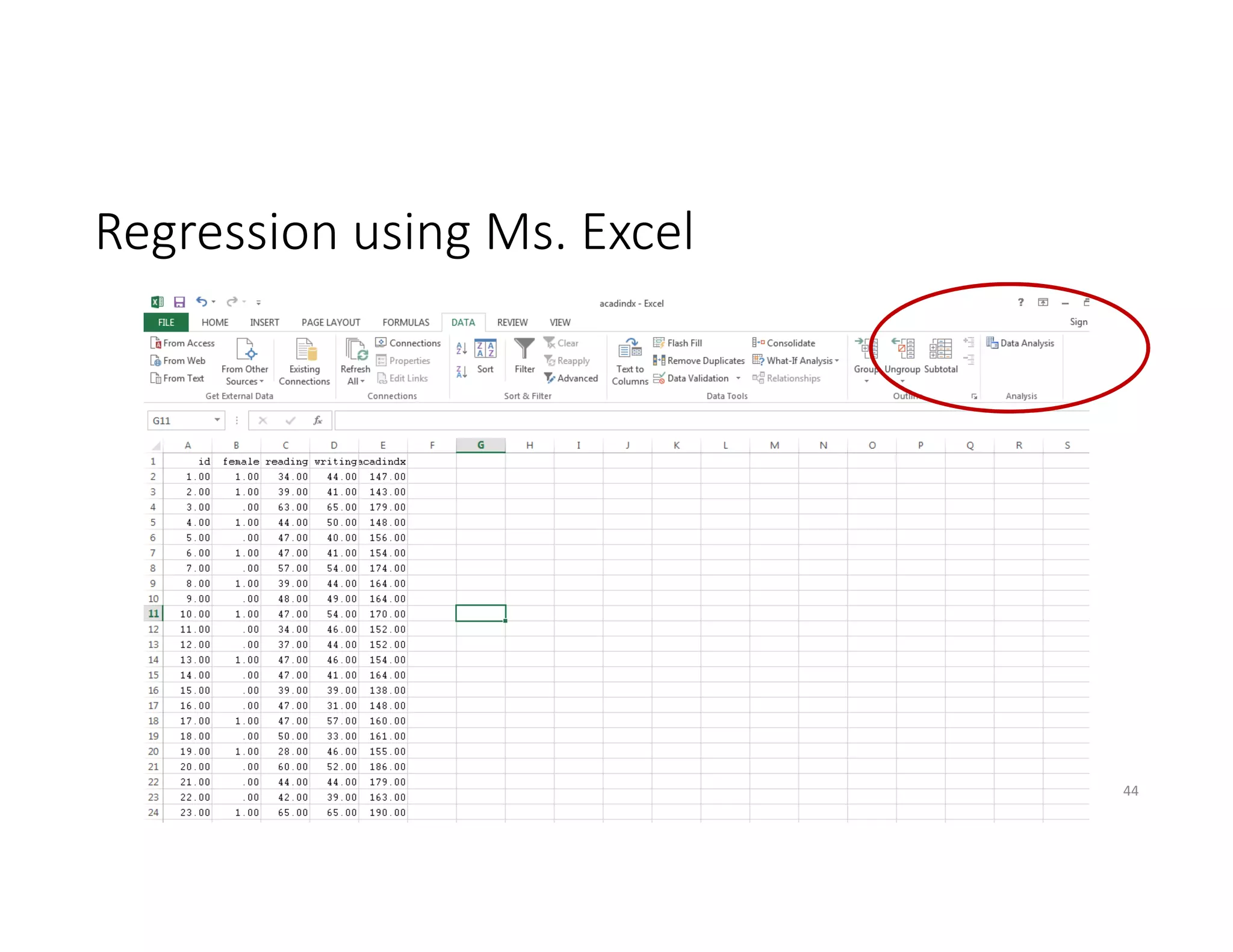 Regression using Ms. Excel
Biostatistics Workshop 44
 