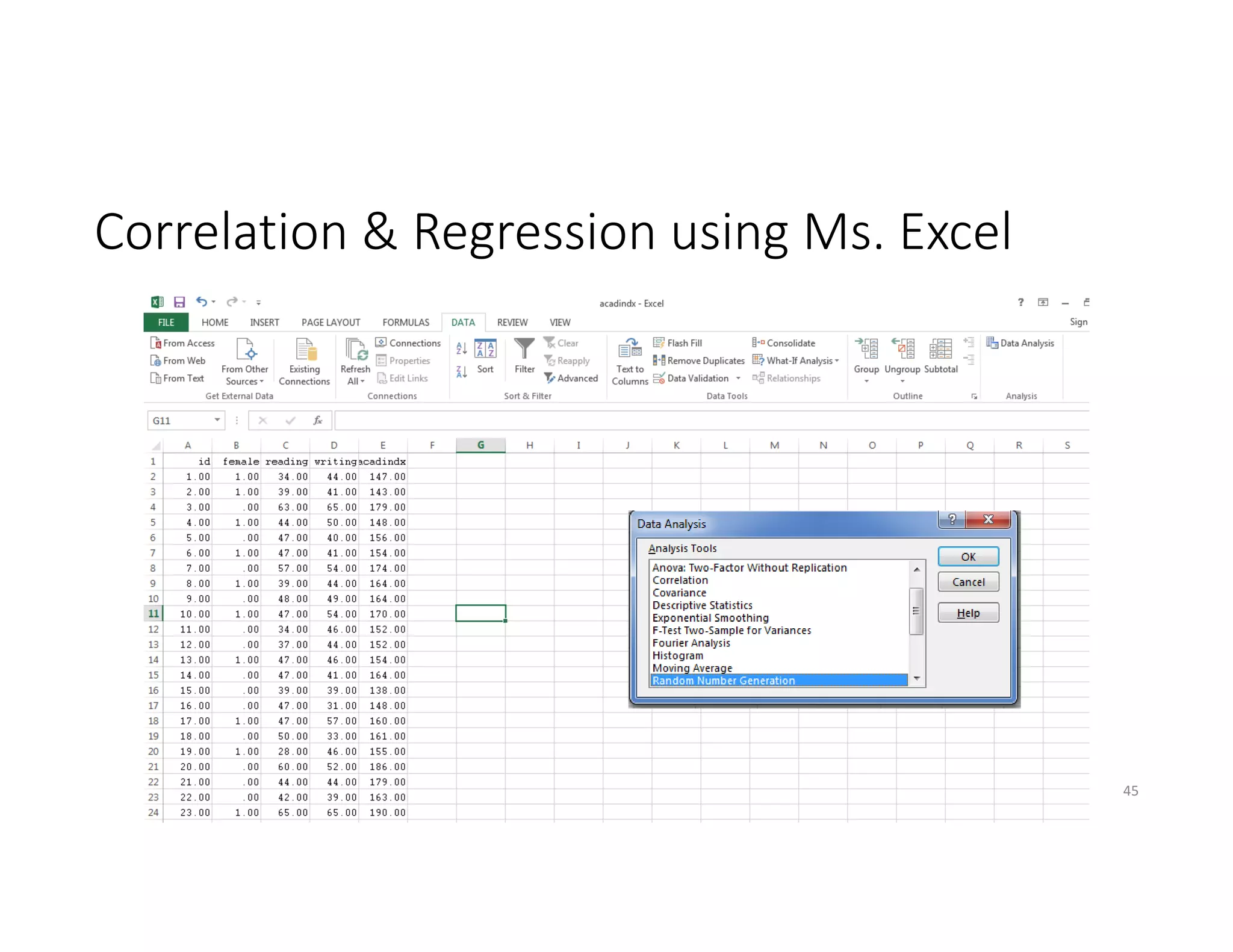 Correlation & Regression using Ms. Excel
Biostatistics Workshop 45
 