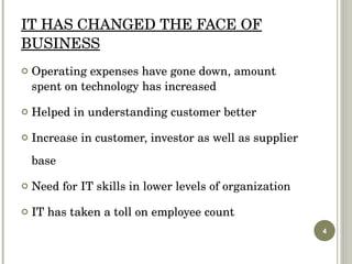 IT HAS CHANGED THE FACE OF BUSINESS Operating expenses have gone down, amount spent on technology has increased  Helped in understanding customer better Increase in customer, investor as well as supplier base Need for IT skills in lower levels of organization IT has taken a toll on employee count 