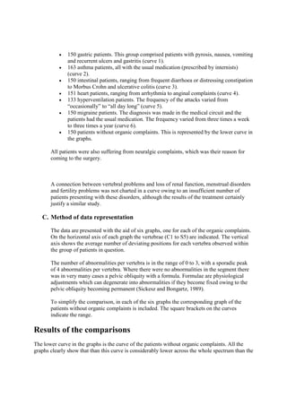    150 gastric patients. This group comprised patients with pyrosis, nausea, vomiting
               and recurrent ulcers and gastritis (curve 1).
              163 asthma patients, all with the usual medication (prescribed by internists)
               (curve 2).
              150 intestinal patients, ranging from frequent diarrhoea or distressing constipation
               to Morbus Crohn and ulcerative colitis (curve 3).
              151 heart patients, ranging from arrhythmia to anginal complaints (curve 4).
              133 hyperventilation patients. The frequency of the attacks varied from
               “occasionally” to “all day long” (curve 5).
              150 migraine patients. The diagnosis was made in the medical circuit and the
               patients had the usual medication. The frequency varied from three times a week
               to three times a year (curve 6).
              150 patients without organic complaints. This is represented by the lower curve in
               the graphs.

       All patients were also suffering from neuralgic complaints, which was their reason for
       coming to the surgery.



       A connection between vertebral problems and loss of renal function, menstrual disorders
       and fertility problems was not charted in a curve owing to an insufficient number of
       patients presenting with these disorders, although the results of the treatment certainly
       justify a similar study.

   C. Method of data representation

       The data are presented with the aid of six graphs, one for each of the organic complaints.
       On the horizontal axis of each graph the vertebrae (C1 to S5) are indicated. The vertical
       axis shows the average number of deviating positions for each vertebra observed within
       the group of patients in question.

       The number of abnormalities per vertebra is in the range of 0 to 3, with a sporadic peak
       of 4 abnormalities per vertebra. Where there were no abnormalities in the segment there
       was in very many cases a pelvic obliquity with a formula. Formulae are physiological
       adjustments which can degenerate into abnormalities if they become fixed owing to the
       pelvic obliquity becoming permanent (Sickesz and Bongartz, 1989).

       To simplify the comparison, in each of the six graphs the corresponding graph of the
       patients without organic complaints is included. The square brackets on the curves
       indicate the range.

Results of the comparisons
The lower curve in the graphs is the curve of the patients without organic complaints. All the
graphs clearly show that than this curve is considerably lower across the whole spectrum than the
 