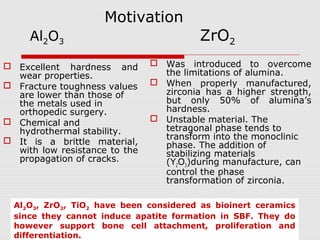 Motivation
     Al2O3                               ZrO2
 Excellent hardness and        Was introduced to overcome
  wear properties.               the limitations of alumina.
 Fracture toughness values     When properly manufactured,
  are lower than those of        zirconia has a higher strength,
  the metals used in             but only 50% of alumina’s
  orthopedic surgery.            hardness.
 Chemical and                  Unstable material. The
  hydrothermal stability.        tetragonal phase tends to
 It is a brittle material,      transform into the monoclinic
                                 phase. The addition of
  with low resistance to the     stabilizing materials
  propagation of cracks.         (Y2O3)during manufacture, can
                                 control the phase
                                 transformation of zirconia.

  Al2O3, ZrO2, TiO2 have been considered as bioinert ceramics
  since they cannot induce apatite formation in SBF. They do
  however support bone cell attachment, proliferation and
  differentiation.
 