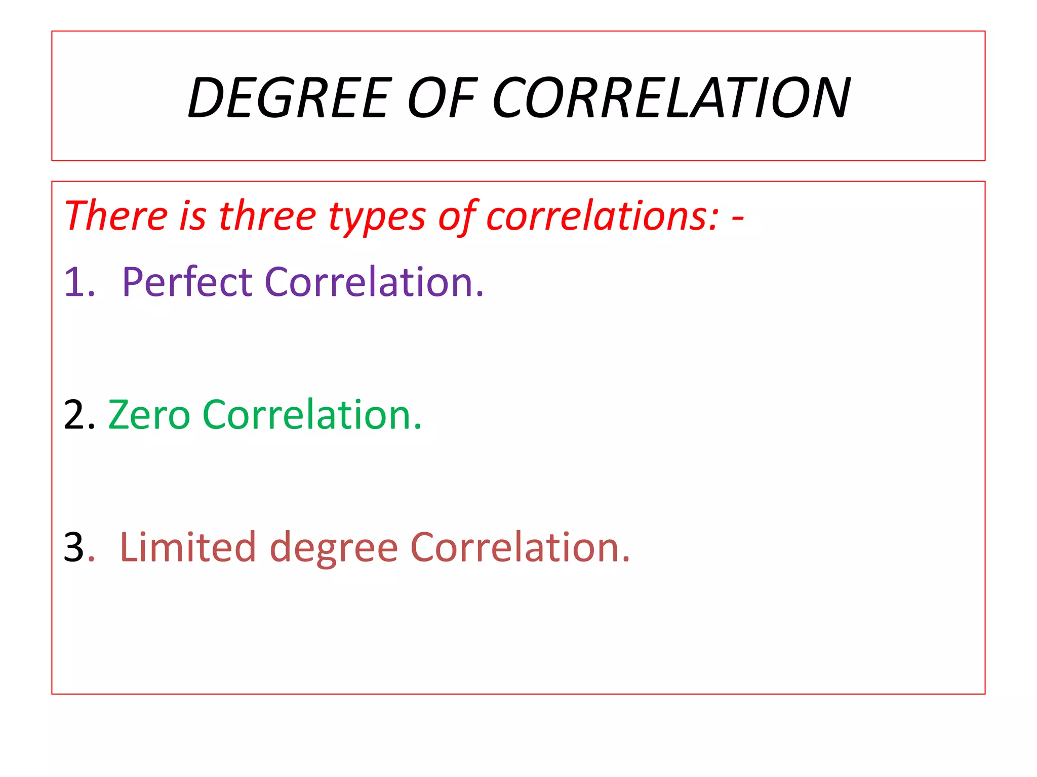 DEGREE OF CORRELATION 
There is three types of correlations: - 
1. Perfect Correlation. 
2. Zero Correlation. 
3. Limited degree Correlation. 
 