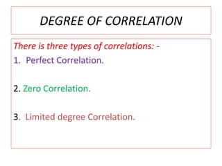 DEGREE OF CORRELATION 
There is three types of correlations: - 
1. Perfect Correlation. 
2. Zero Correlation. 
3. Limited degree Correlation. 
 