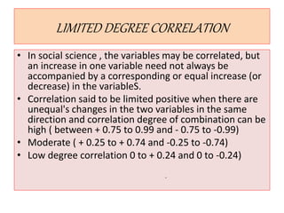 LIMITED DEGREE CORRELATION 
• In social science , the variables may be correlated, but 
an increase in one variable need not always be 
accompanied by a corresponding or equal increase (or 
decrease) in the variableS. 
• Correlation said to be limited positive when there are 
unequal's changes in the two variables in the same 
direction and correlation degree of combination can be 
high ( between + 0.75 to 0.99 and - 0.75 to -0.99) 
• Moderate ( + 0.25 to + 0.74 and -0.25 to -0.74) 
• Low degree correlation 0 to + 0.24 and 0 to -0.24) 
- 
 