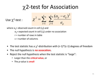 31
Use 2-test :
where oij= observed count in cell (i,j) and
eij= expected count in cell (i,j) under no association
r = number of rows in table
c = number of columns
• The test statistic has a 2-distribution with (r-1)*(c-1) degrees of freedom
• The null hypothesis is no assocation.
• Reject the null hypothesis when the test statistic is “large”:
• Larger than the critical value, or
• The p-value is small
 


c
j ij
ijij
r
i e
eo
1
2
1
2
)(

2-test for Association
 