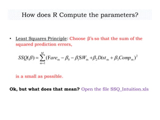 • Least Squares Principle: Choose β’s so that the sum of the
squared prediction errors,
is a small as possible.
Ok, but what does that mean? Open the file SSQ_Intuition.xls
2
m3m2
1
m10m )SF()( CompDistWareSSQ
M
m
  
How does R Compute the parameters?
 