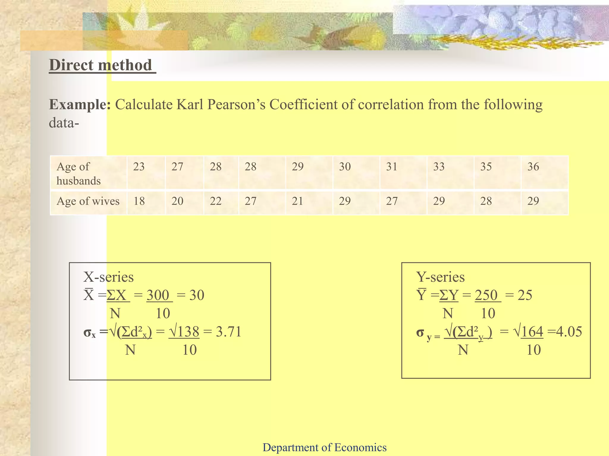 Direct method
Example: Calculate Karl Pearson’s Coefficient of correlation from the following
data-
Age of
husbands
23 27 28 28 29 30 31 33 35 36
Age of wives 18 20 22 27 21 29 27 29 28 29
X-series
X̅ =ƩX = 300 = 30
N 10
σₓ =√(Ʃd²ₓ) = √138 = 3.71
N 10
Y-series
Y̅ =ƩY = 250 = 25
N 10
σ y = √(Ʃd²y ) = √164 =4.05
N 10
Department of Economics
 
