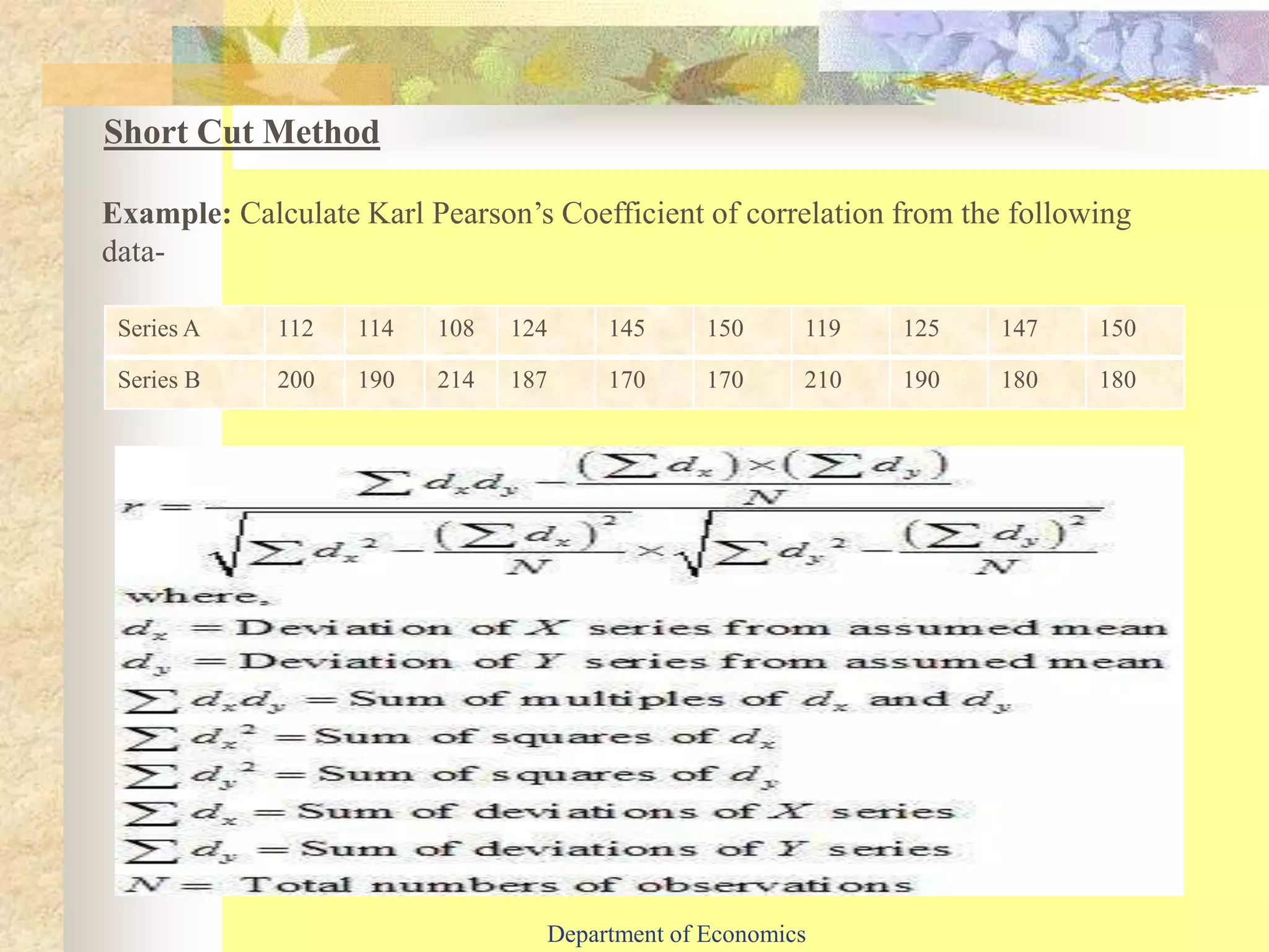 Short Cut Method
Example: Calculate Karl Pearson’s Coefficient of correlation from the following
data-
Series A 112 114 108 124 145 150 119 125 147 150
Series B 200 190 214 187 170 170 210 190 180 180
Department of Economics
 