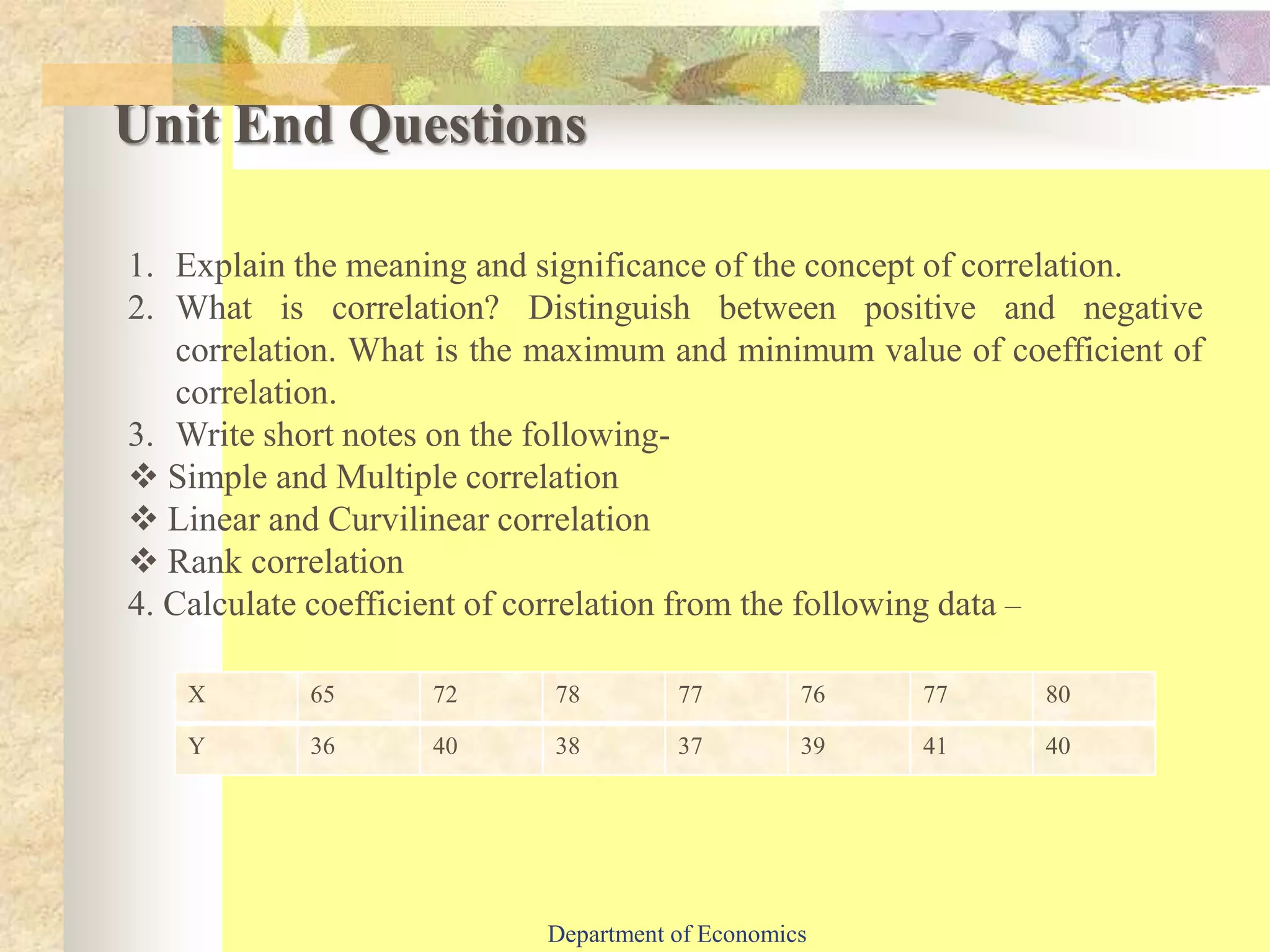 Unit End Questions
1. Explain the meaning and significance of the concept of correlation.
2. What is correlation? Distinguish between positive and negative
correlation. What is the maximum and minimum value of coefficient of
correlation.
3. Write short notes on the following-
 Simple and Multiple correlation
 Linear and Curvilinear correlation
 Rank correlation
4. Calculate coefficient of correlation from the following data –
X 65 72 78 77 76 77 80
Y 36 40 38 37 39 41 40
Department of Economics
 