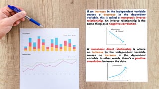 If an increase in the independent variable
causes a decrease in the dependent
variable, this is called a monotonic inverse
relationship. An inverse relationship is the
same thing as a negative correlation.
A monotonic direct relationship is where
an increase in the independent variable
causes an increase in the dependent
variable. In other words, there’s a positive
correlation between the data.
 