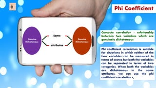 Phi Coefficient
Compute correlation / relationship
between two variables which are
genuinely dichotomous
Phi coefficient correlation is suitable
for situations in which neither of the
two variables can be measured in
terms of scores but both the variables
can be separated in terms of two
categories. When both the variables
are dichotomous in the same
attributes, we can use the phi
coefficient correlation rt.
Genuine
Dichotomous
Same
attributes
Genuine
Dichotomous

 