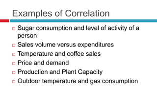 Examples of Correlation
 Sugar consumption and level of activity of a
person
 Sales volume versus expenditures
 Temperature and coffee sales
 Price and demand
 Production and Plant Capacity
 Outdoor temperature and gas consumption
 