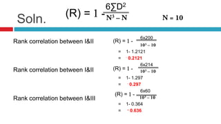 Soln.
6∑D2
6x200
= 1- 1.2121
= 0.2121
6x214
= 1- 1.297
= 0.297
6x60
= 1- 0.364
= 0.636
(R) =
(R) =Rank correlation between I&II
Rank correlation between I&II
Rank correlation between I&III
(R) =
(R) =
 