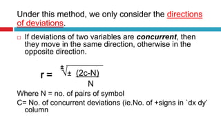 Under this method, we only consider the directions
of deviations.
 If deviations of two variables are concurrent, then
they move in the same direction, otherwise in the
opposite direction.
√± (2c-N)
N
Where N = no. of pairs of symbol
C= No. of concurrent deviations (ie.No. of +signs in `dx dy’
column
r =
±
 