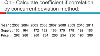 Qn:- Calculate coefficient if correlation
by concurrent deviation method:
Year : 2003 2004 2005 2006 2007 2008 2009 2010 2011
Supply : 160 164 172 182 166 170 178 192 186
Price : 292 280 260 234 266 254 230 190 200
 
