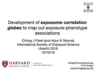 Development of exposome correlation
globes to map out exposure-phenotype
associations
Chirag J Patel (and Arjun K Manrai)

International Society of Exposure Science

Utrecht 2016

10/10/16
chirag@hms.harvard.edu
@chiragjp
www.chiragjpgroup.org
 