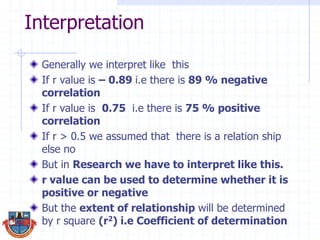 Interpretation
Generally we interpret like this
If r value is – 0.89 i.e there is 89 % negative
correlation
If r value is 0.75 i.e there is 75 % positive
correlation
If r > 0.5 we assumed that there is a relation ship
else no
But in Research we have to interpret like this.
r value can be used to determine whether it is
positive or negative
But the extent of relationship will be determined
by r square (r2) i.e Coefficient of determination
 