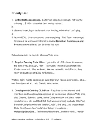 Priority List

1. Settle Kraft open issues. EDU Plan based on strength, not wishful
     thinking... $100's otherwise best to stay retired...
2.
3. cleanup sheet, legal settlement prior funding, otherwise I can’t play.
4.
5. launch EDU. Use company to own everything. Find Team to manage/
     hire/give it to, work over Internet to review Selection Candidates and
     Products my skill set, can be done like now.



Debs desire is to be back to MeadowVista area.


2. Acquire Country Club When I got to the all of Scotland, I increased
     the size of my idea EDU Plan- Pay Cash. Income Stream for ROI.
     Kraft's can run it. Use as Asset. We are related to Kraft Foods, they
     know and just split off $32B for Snacks...


Wishlist item: Kraft's each get or build their own house, entire clan... et al...
ex's from texas et al... add Gate to Winchester.


3. Development Country Club Plan - Requires current owners and
     members and MeadowVista approval so we improve MeadowVista area
     also (streets, Schools, parks, aloha Camp network to Colma, horse
     ranch for kids, etc. and Best Ball Golf Memberships), and add Hilo Pad,
     Borland Campus (Miniature version), Golf Carts only... ala Ocean Reef
     Club, hire Ocean Reef and Fisher Island consultants...
     MarcoNaplesExpert.... nice no humidity here... summer here... winter


talkstory.com came from Hana... nothing like a 84 ft   37 knot yacht...
 