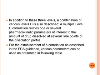  In addition to these three levels, a combination of
various levels C is also described: A multiple Level
C correlation relates one or several
pharmacokinetic parameters of interest to the
amount of drug dissolved at several time points of
the dissolution profile.
 For the establishment of a correlation as described
in the FDA guidance, various parameters can be
used as presented in following table.
10/18
 
