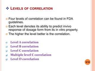  LEVELS OF CORRELATION
 Four levels of correlation can be found in FDA
guidelines.
 Each level denotes its ability to predict invivo
response of dosage form from its in vitro property.
 The higher the level better is the correlation.
1) Level A correlation
2) Level B correlation
3) Level C correlation
4) Multiple level C correlation
5) Level D correlation
5/18
 