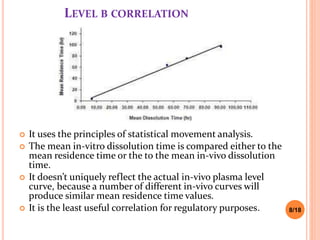 LEVEL B CORRELATION
 It uses the principles of statistical movement analysis.
 The mean in-vitro dissolution time is compared either to the
mean residence time or the to the mean in-vivo dissolution
time.
 It doesn’t uniquely reflect the actual in-vivo plasma level
curve, because a number of different in-vivo curves will
produce similar mean residence time values.
 It is the least useful correlation for regulatory purposes. 8/18
 