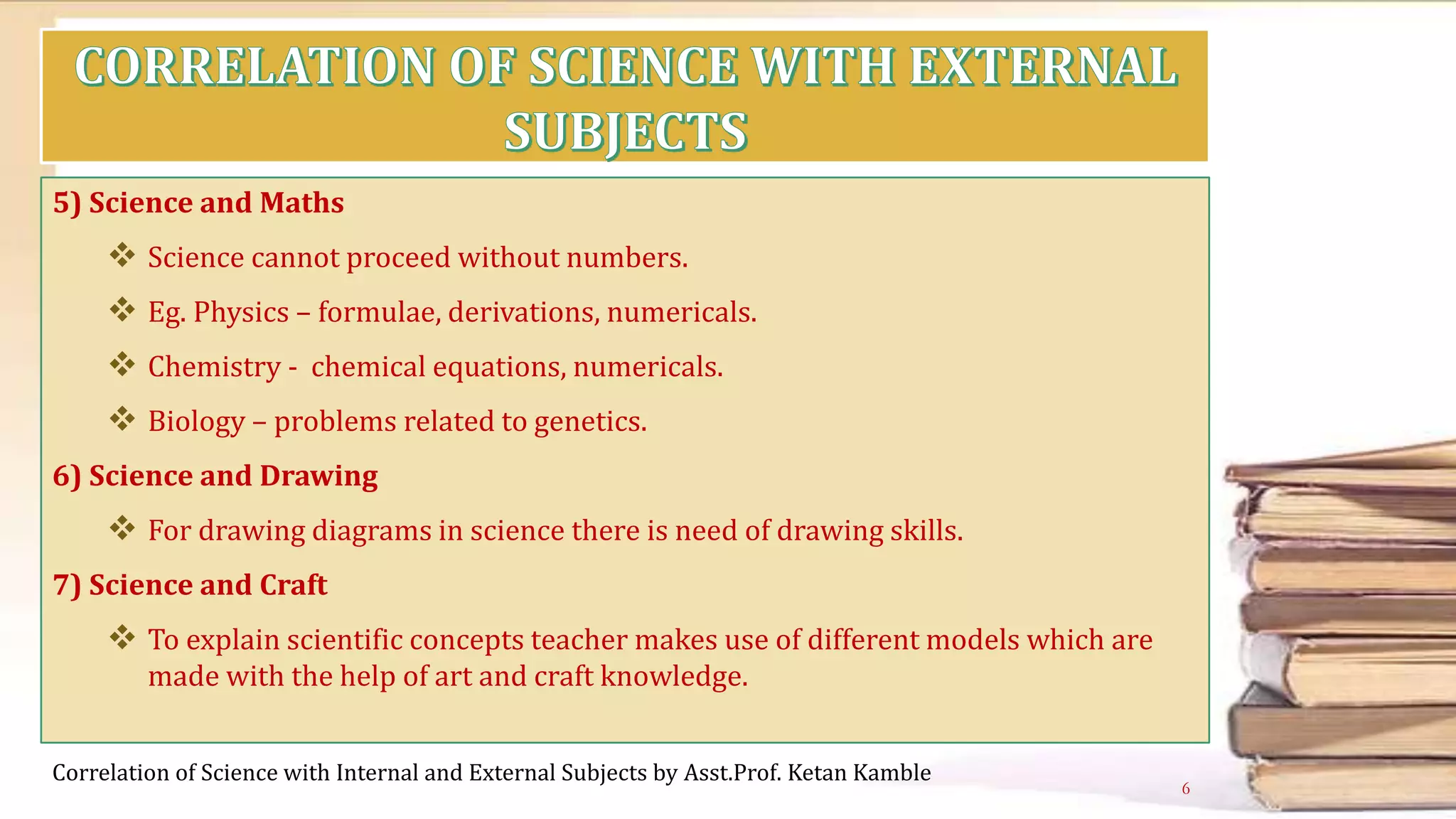 5) Science and Maths
 Science cannot proceed without numbers.
 Eg. Physics – formulae, derivations, numericals.
 Chemistry - chemical equations, numericals.
 Biology – problems related to genetics.
6) Science and Drawing
 For drawing diagrams in science there is need of drawing skills.
7) Science and Craft
 To explain scientific concepts teacher makes use of different models which are
made with the help of art and craft knowledge.
Correlation of Science with Internal and External Subjects by Asst.Prof. Ketan Kamble
6
 