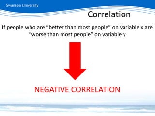 Measuring relationships
If people who are “better than most people” on variable x are
“worse than most people” on variable y
NEGATIVE CORRELATION
Correlation
 