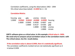 Correlation coefficients, using the observations 1963 - 1994
5% critical value (two-tailed) = 0.3494 for n = 32
Correlation Matrix:
housing pop gdp unemp intrate
1.0000 -0.0565 -0.0410 -0.0368 -0.0399 housing
1.0000 0.9949 0.4938 0.4697 pop
1.0000 0.4137 0.4185 gdp
1.0000 0.7088 unemp
1.0000 intrate
GRETL software gives us critical value. In this example critical value is .3494.
We need only to compare actual correlation values in the correlation matrix with
The critical values. See the results below.
If the correlation value is above 0.3494, then it is statistically significant.
The correlation coefficients marked red are not statistically significant as it
is below 0.3494
 