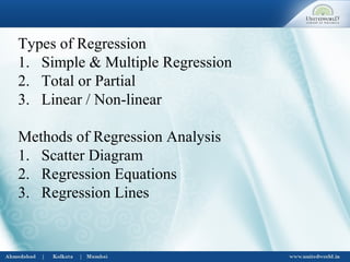 Types of Regression
1. Simple & Multiple Regression
2. Total or Partial
3. Linear / Non-linear
Methods of Regression Analysis
1. Scatter Diagram
2. Regression Equations
3. Regression Lines
 
