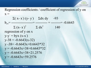 Regression coefficients / coefficient of regression of y on
x =
Σ( x- x-
) (y- y-
) Σdx dy -93
byx= ------------------= ---------- = --------= -0.6643
Σ (x- x
-
)2
Σ dx2
140
regression of y on x
y-y-
= byx (x-x-
)
y-38 = -0.6643(x-32)
y -38= -0.6643x+0.6643*32
y = -0.6643x+38+0.6643*32
y = -0.6643x+38+21.2576
y = -0.6643x+59.2576
 