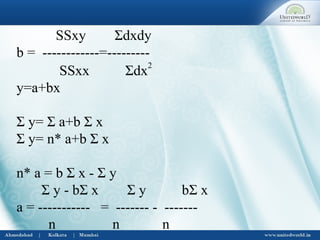SSxy Σdxdy
b = ------------=---------
SSxx Σdx
2
y=a+bx
Σ y= Σ a+b Σ x
Σ y= n* a+b Σ x
n* a = b Σ x - Σ y
Σ y - bΣ x Σ y bΣ x
a = ----------- = ------- - -------
n n n
 