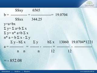 SSxy 6565
b = ------------- = ----------------= 19.0704
SSxx 344.25
y=a+bx
Σ y= Σ a+b Σ x
Σ y= n* a+b Σ x
n* a = b Σ x - Σ y
Σ y - bΣ x Σ y bΣ x 13060 19.0704*1221
a = ----------- = ------- - ------- = ---------- - --------------
n n n 12 12
= - 852.08
 