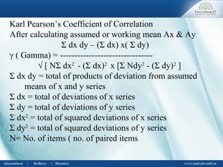 Karl Pearson’s Coefficient of Correlation
After calculating assumed or working mean Ax & Ay
Σ dx dy – (Σ dx) x( Σ dy)
γ ( Gamma) = --------------------------------
√ [ NΣ dx2
- (Σ dx)2
x [Σ Ndy2
- (Σ dy)2
]
Σ dx dy = total of products of deviation from assumed
means of x and y series
Σ dx = total of deviations of x series
Σ dy = total of deviations of y series
Σ dx2
= total of squared deviations of x series
Σ dy2
= total of squared deviations of y series
N= No. of items ( no. of paired items
 