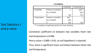 Test Statistics t
and p value
Correlation coefficient (r) between two variables heart rate
and temperature is 0.448.
Here p value = 0.000 < 0.05, so null hypothesis is rejected.
Thus, there is significant linear correlation between Heart rate
and Temperature
 