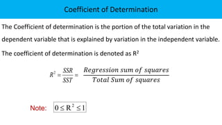 The Coefficient of determination is the portion of the total variation in the
dependent variable that is explained by variation in the independent variable.
The coefficient of determination is denoted as R2
1
R
0 2


Note:


SST
SSR
R2
Coefficient of Determination
𝑅𝑒𝑔𝑟𝑒𝑠𝑠𝑖𝑜𝑛 𝑠𝑢𝑚 𝑜𝑓 𝑠𝑞𝑢𝑎𝑟𝑒𝑠
𝑇𝑜𝑡𝑎𝑙 𝑆𝑢𝑚 𝑜𝑓 𝑠𝑞𝑢𝑎𝑟𝑒𝑠
 