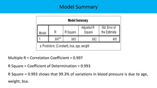 Multiple R = Correlation Coefficient = 0.997
R Square = Coefficient of Determination = 0.993
R Square = 0.993 shows that 99.3% of variations in blood pressure is due to age,
weight, bsa.
Model Summary
 