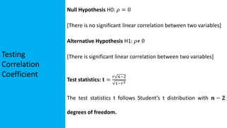 Testing
Correlation
Coefficient
Null Hypothesis H0: 𝜌 = 0
[There is no significant linear correlation between two variables]
Alternative Hypothesis H1: 𝜌≠ 0
[There is significant linear correlation between two variables]
Test statistics: 𝐭 =
𝑟 𝑛−2
1−𝑟2
The test statistics t follows Student’s t distribution with 𝒏 − 𝟐
degrees of freedom.
 
