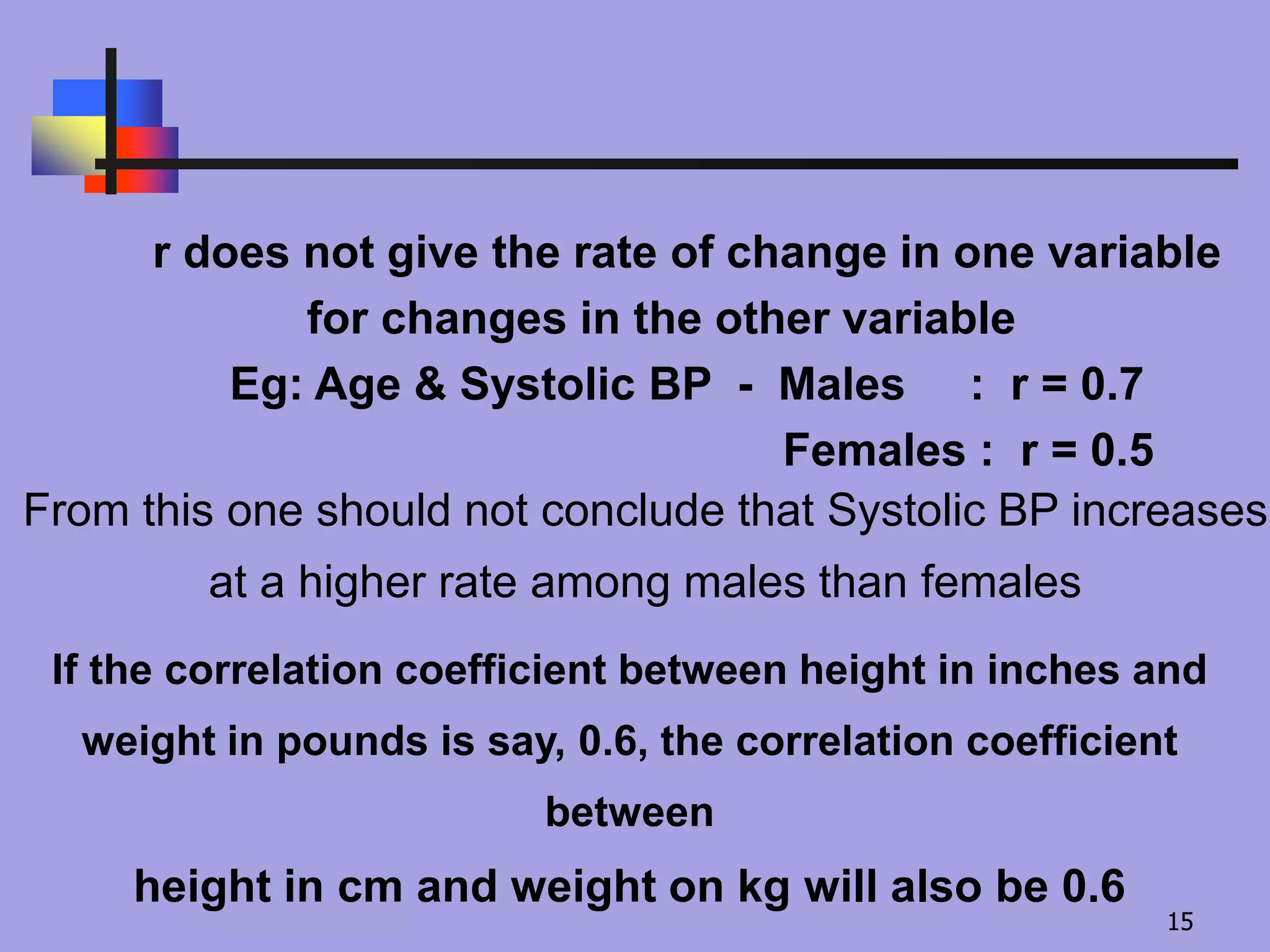 r does not give the rate of change in one variable
for changes in the other variable
Eg: Age & Systolic BP - Males : r = 0.7
Females : r = 0.5
From this one should not conclude that Systolic BP increases
at a higher rate among males than females
If the correlation coefficient between height in inches and
weight in pounds is say, 0.6, the correlation coefficient
between
height in cm and weight on kg will also be 0.6
15
 