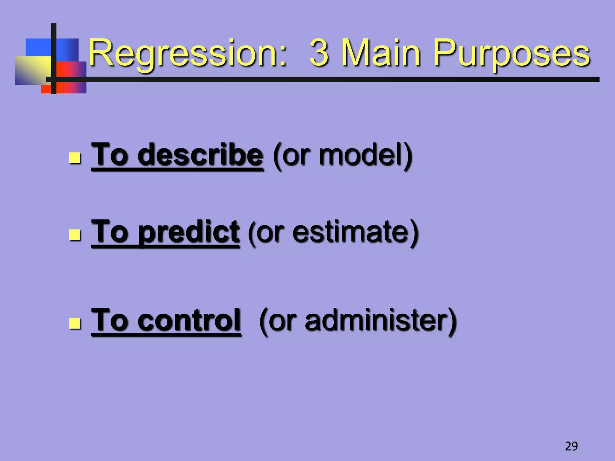 Regression: 3 Main Purposes
 To describe (or model)
 To predict (or estimate)
 To control (or administer)
29
 