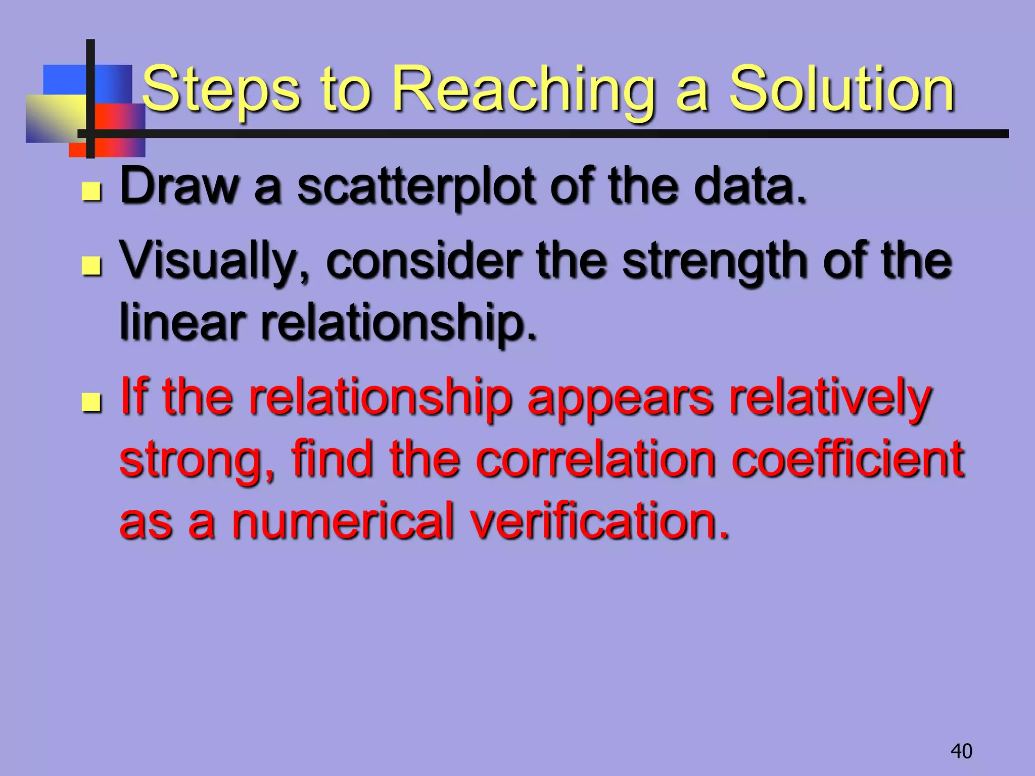 Steps to Reaching a Solution
 Draw a scatterplot of the data.
 Visually, consider the strength of the
linear relationship.
 If the relationship appears relatively
strong, find the correlation coefficient
as a numerical verification.
40
 
